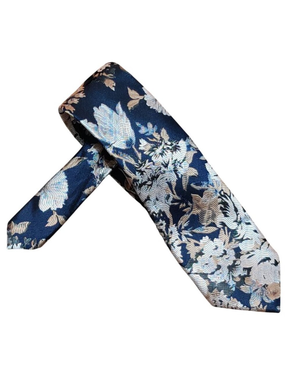 Stonebridge Necktie Navy Blue Beige White Floral Jacquard Botanical Dress Tie